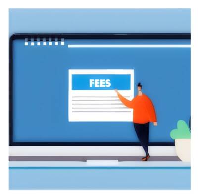 Vector graphic of man pointing to a sign that says fees in white lettering on a whiteboard like screen.