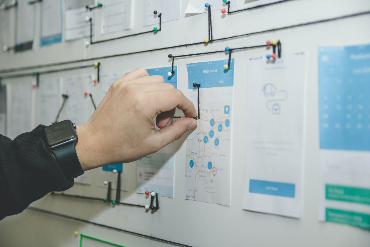 Picture depicts a persons arm and hand connecting a workflow chart on the wall.