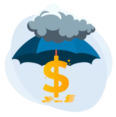 Visualization of a Minimum Wage increase. Gold dollar sign shielded under a blue umbrella and a raincloud above.